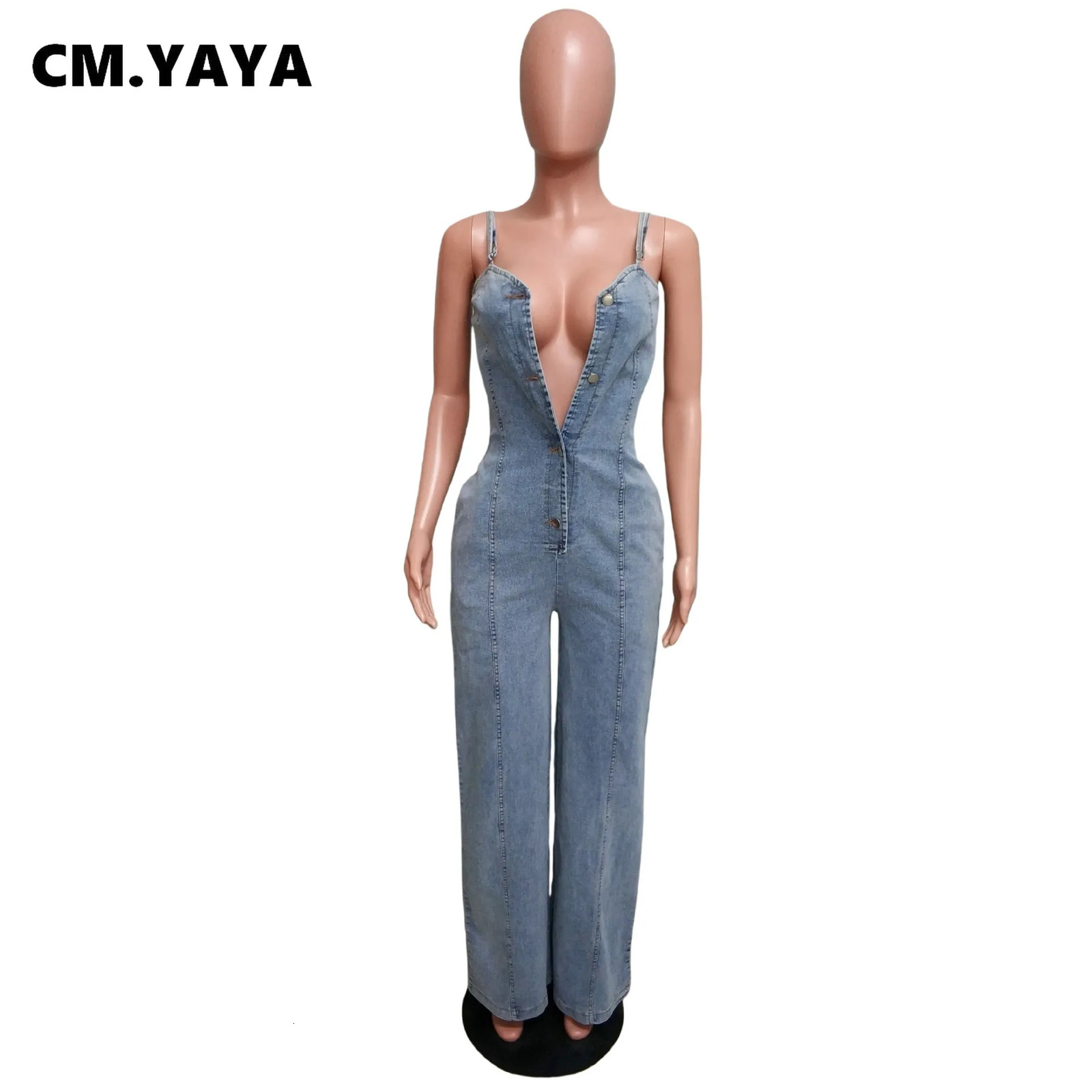 CM.YAYA Women Strapless Strap Wide Leg Jeans Denim Wide Leg Jumpsuits Autumn Street Cargo Playsuit One Piece Suit Rompers 250619