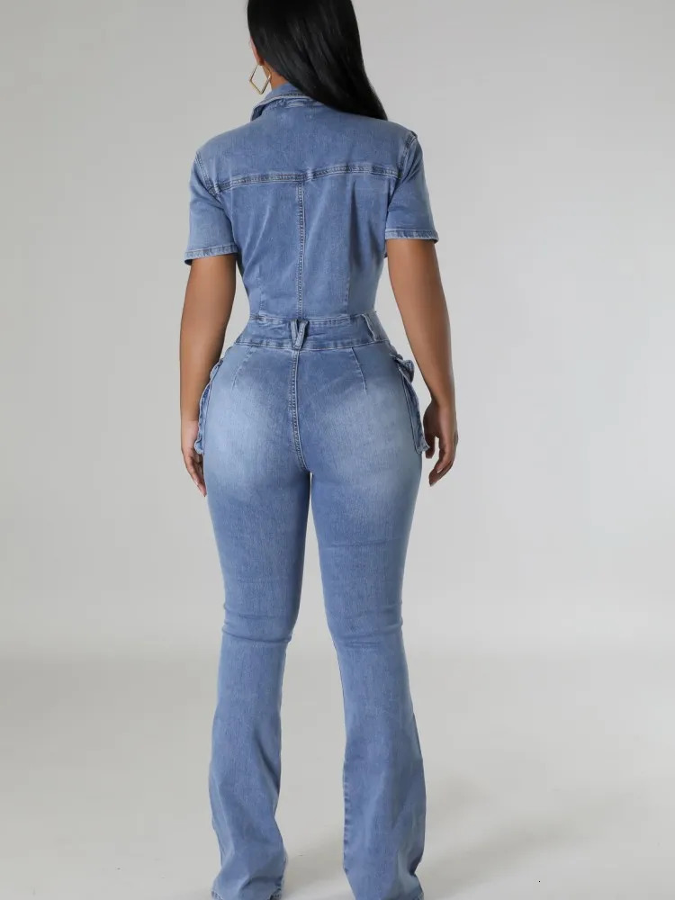 JRRY Sexy Women Denim Jumpsuits Short Sleeve Turn Down Collars Buttons Pockets Flared Pants Denim Bodysuit 250619
