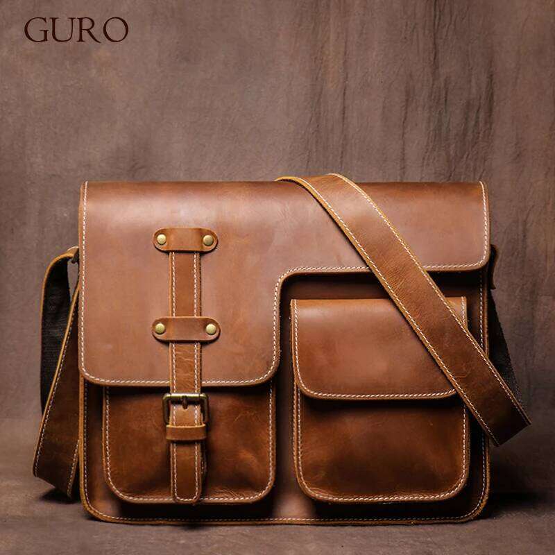 GURO Vintage Deluxe Leather Messenger High Quality Crazy Horse Cowhide Shoulder Sling Bag Weekend Crossbody For 12 Inch Ipad