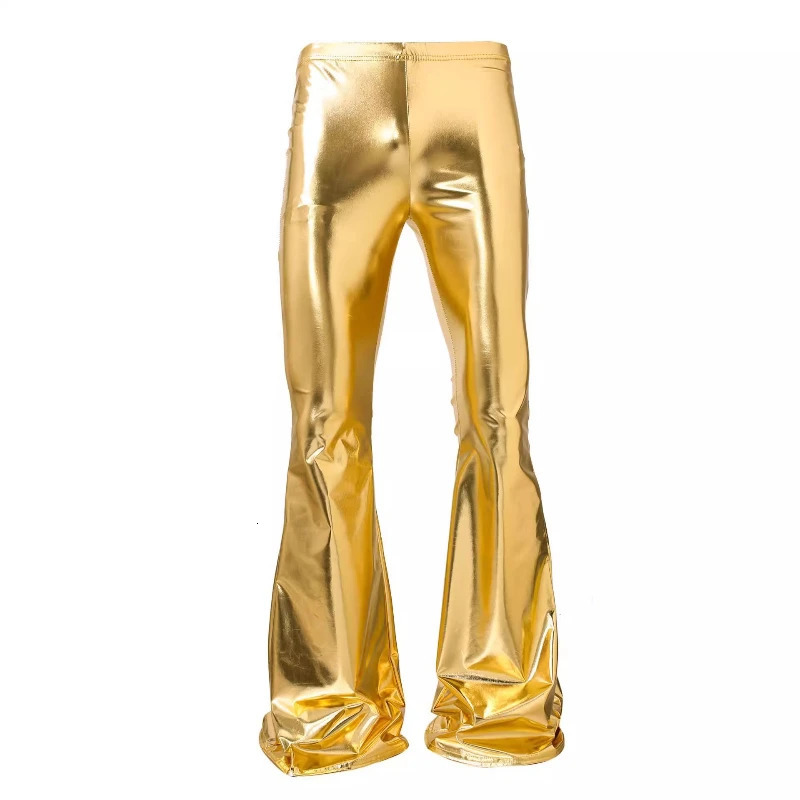 European and American sexy stage Shiny leather fashionable elastic waist flared pants wideleg long 250614