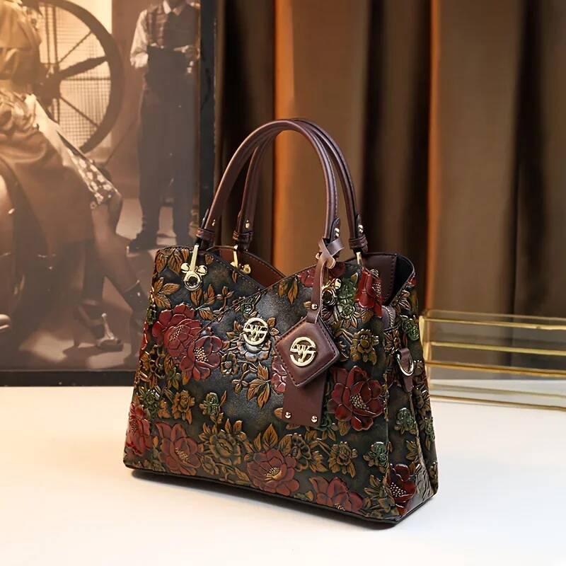 DHSM Vintage Flower Pattern Handbag, PU Leather Tote Bag, Fashion Crossbody Bag For Women