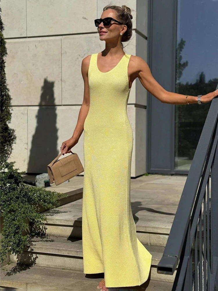 Talenza Summer Knit Long Dress Solid Sleeveless Casual High Waist Halter Long Dress Knit Backless Office Lady Womens Dress 2025 250619
