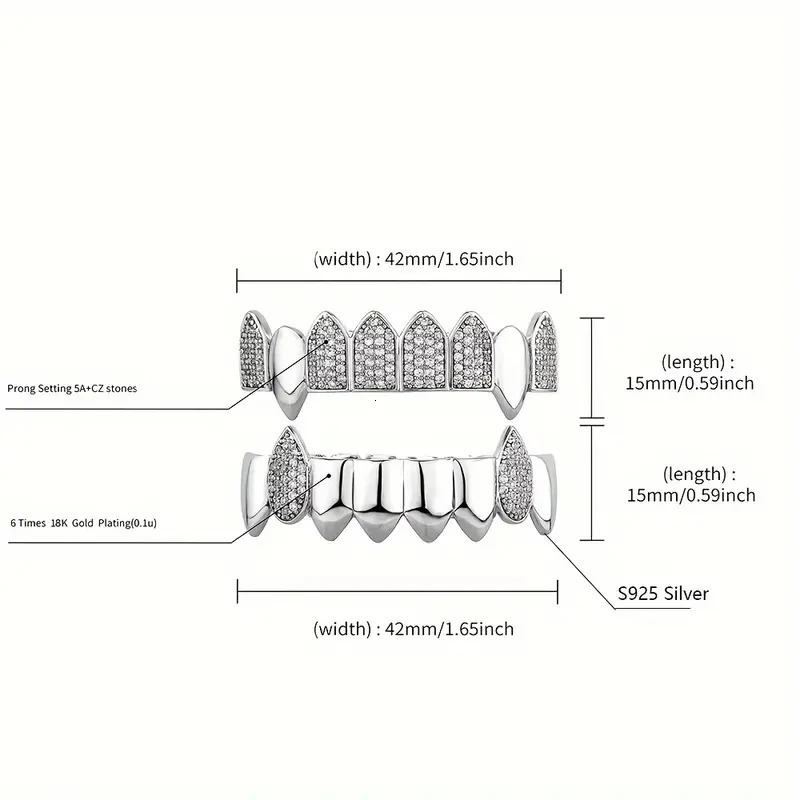 2pcs S925 Silver With 47 Hip Hop Street Rap Men Women Teeth Grill Ice Micro Pave 18k 250613