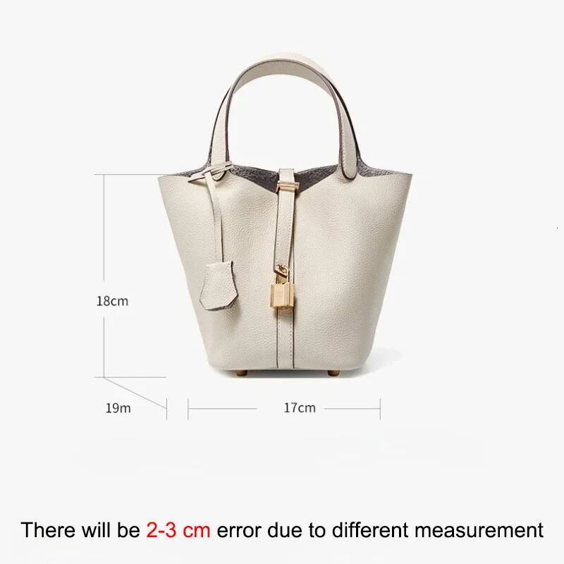 DHSM Genuine Leather Shoulder Bucket Bag Women Litchi Pattern Mini Basket Tote Soft Handbag Mommy Bride Wedding Bags with Lock