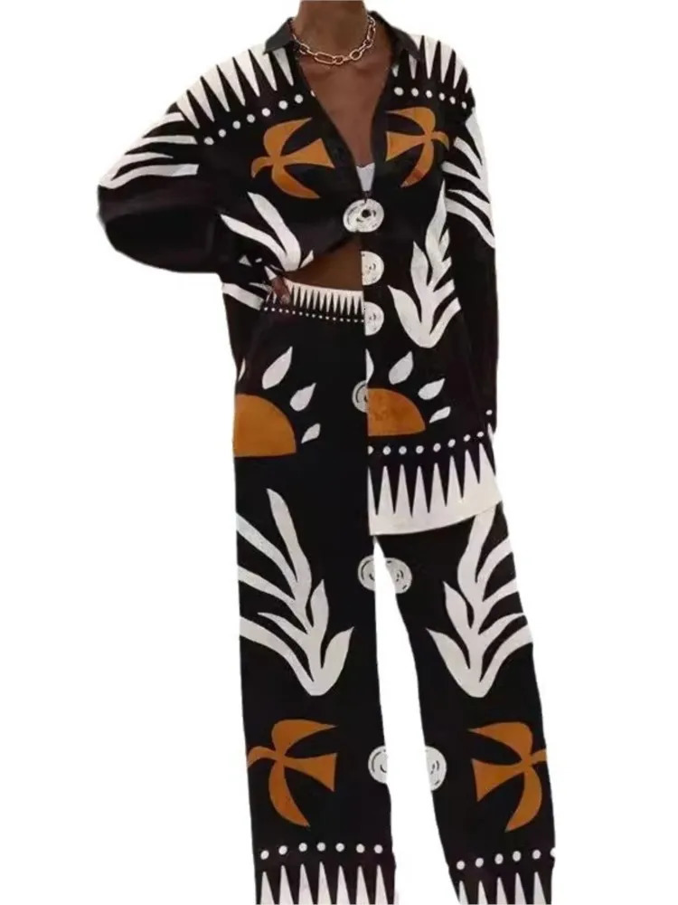 Summer Beach Vacation Style Cruise Print 2-Piece Set Lapel ShirtLace-up Wide-Leg Pants For Women Cruise Outfit Holiday Suit 250619