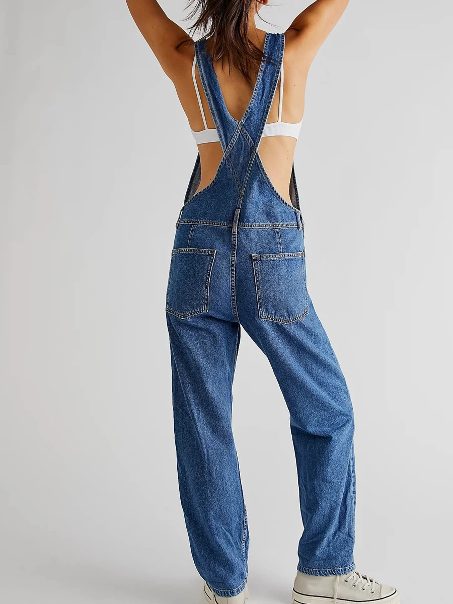 Casual Women Summer Vintage Retro Denim Long Jumpsuit Spaghetti Strap Straight Romper Pants Baggy Bib Overalls Jumpsuits 250619
