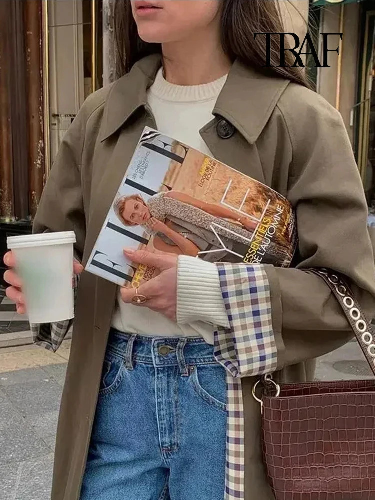 TRAF Womens Fashion Long Trench Coat Retro Loose Single-breasted Coat Autumn and Winter Lapel High Street Temperament Coat 250619