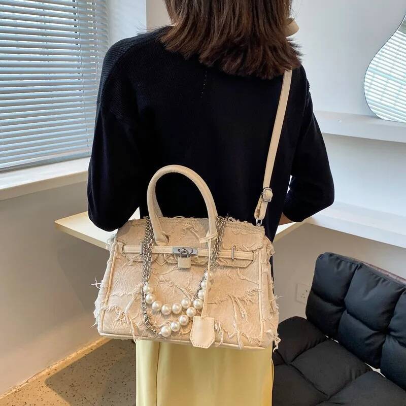 DHGM DHGM 2025 Vintage Pearl Chain Bag - Distressed Boho Shoulder Purse, Unique Crossbody Clutch