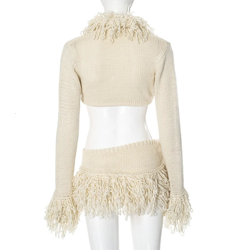 CUTENOVA French Knit Sexy Set Tie Cardigan Long Sleeve Navel Top Fashion Sexy Mini Skirt Set For Y2K tie Girl Wear 250619