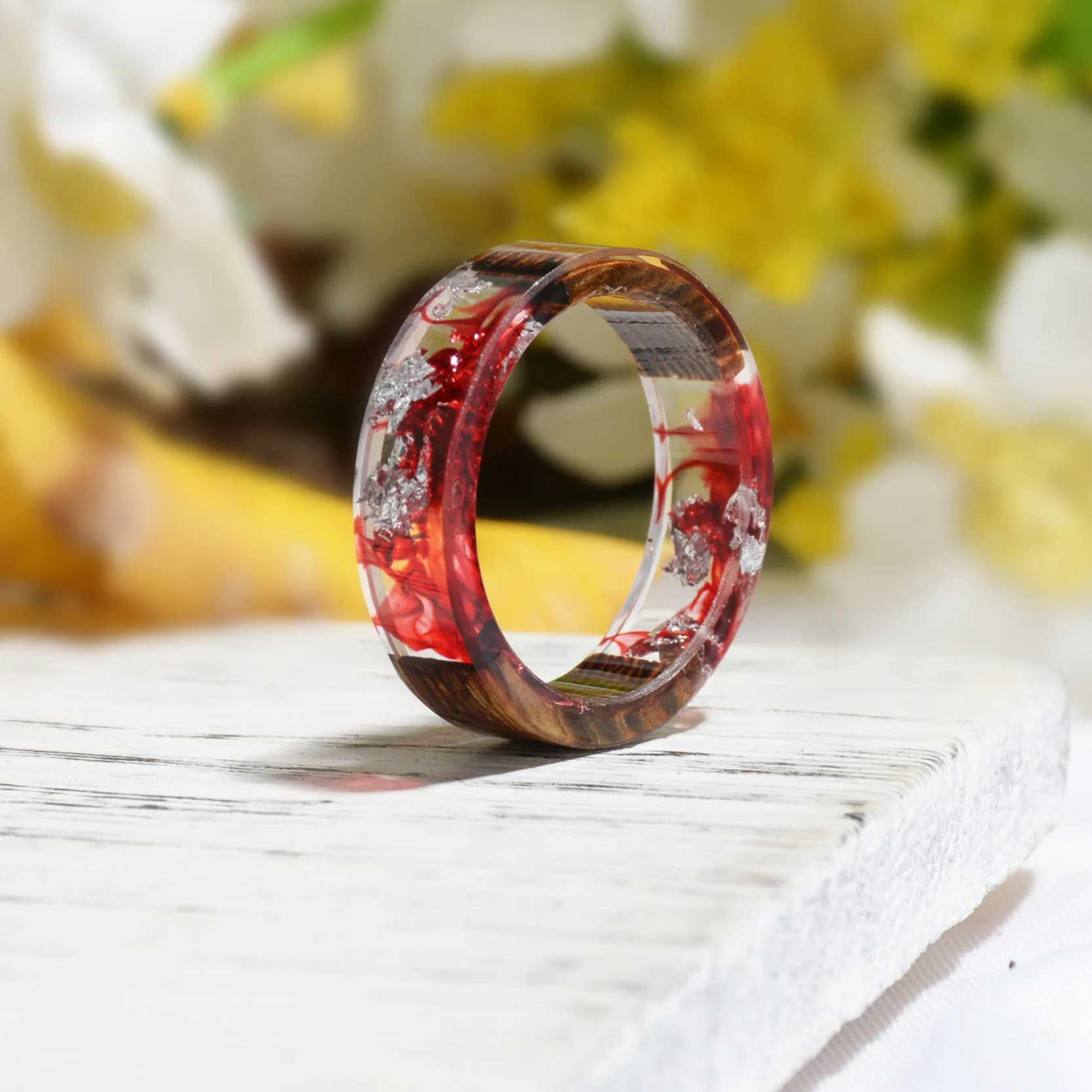 08 Wood Resin Ring DIY Handmade Dried Flowers Ring For Women Men Fashion Jewelry M250620