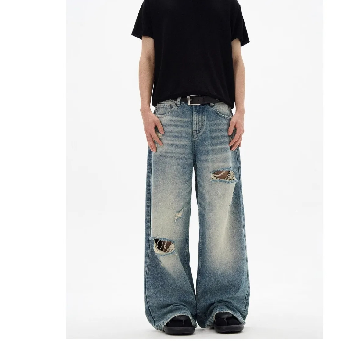 DM Mens Jeans Cat Whisker Ripped Deisgn Summer Hole Stylish Loose Straight Wide Leg Male Casual Trousers 250617
