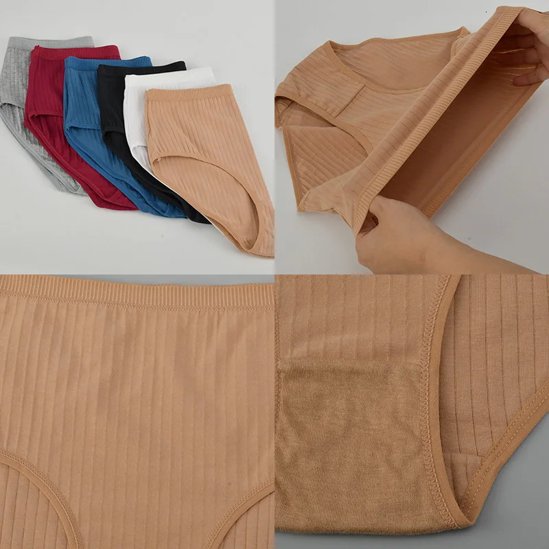 Womens High Waist Cotton Underwear Panties Striped Knitted Soft Breathable Underpants Intimate Lingerie Female Briefs Woman 250609