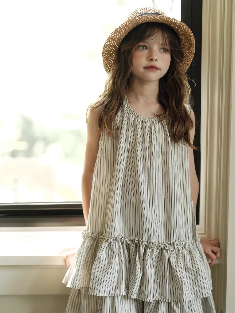 Girls' yarn dyed striped vest dress casual dress ruffle edge dress New girls' dress