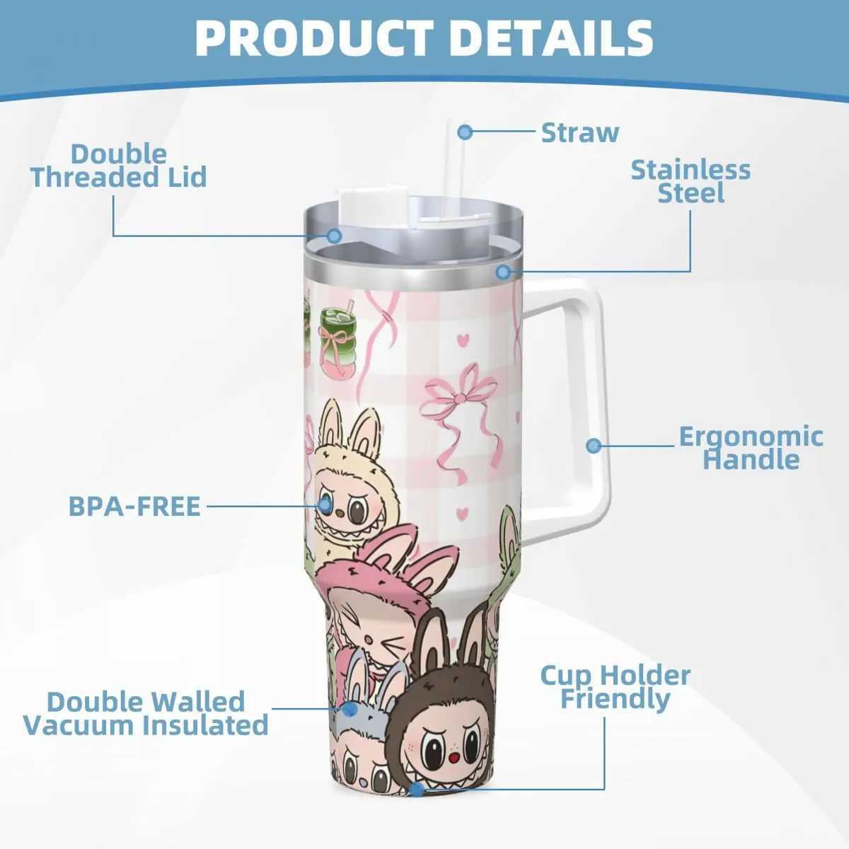 Stainless Steel Tumbler Labubu Cartoon Car Mugs With Straws Travel Water Bottle Heat Preservation Large Capacity Thermal Cups T250620