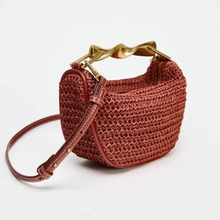 DHGM Summer Half-Moon Beach Shoulder Bags Women's Bucket Purse Woven Straw Handbags Casual Tote Crossbody Bag