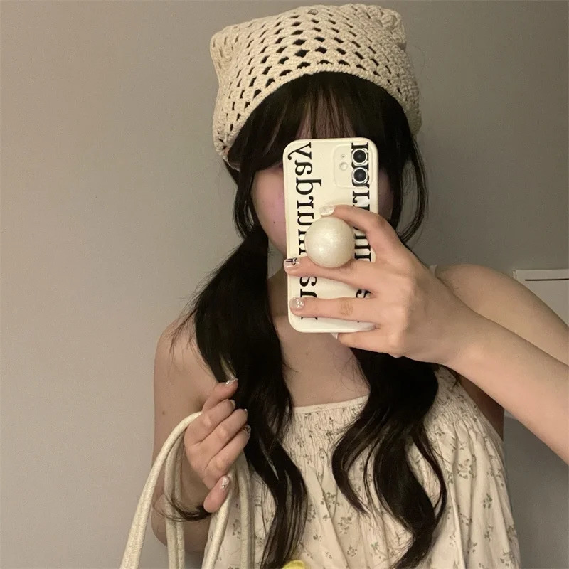 French Hollow Triangle Headband Towel For Women Beige Crochet Headbands Bandana Summer Travel Literary Po Hair Scarf Bands 250617