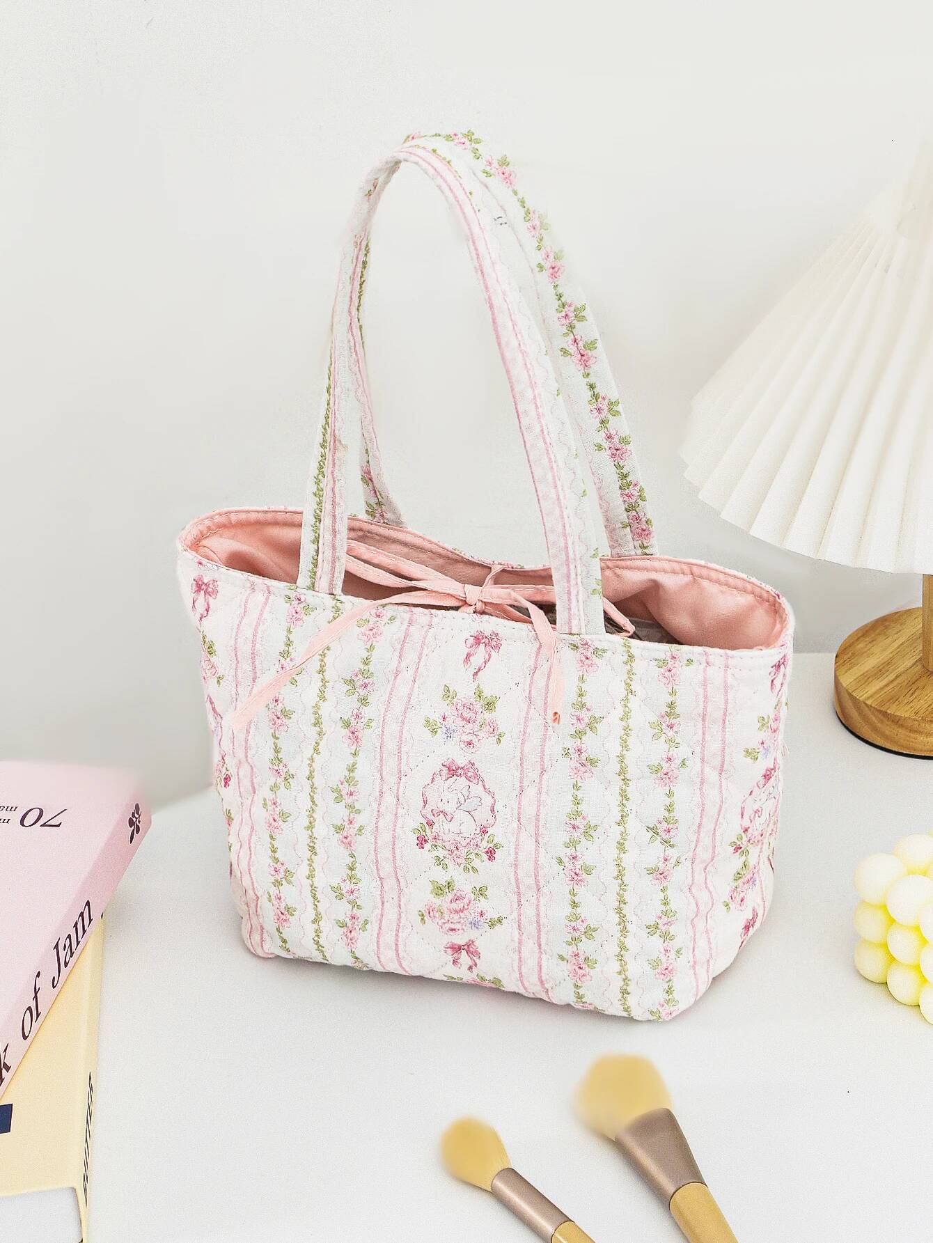 DHGM 1 piece flower handbag, large capacity fashionable versatile shoulder bag with cute bow design, suitable for teenage girls