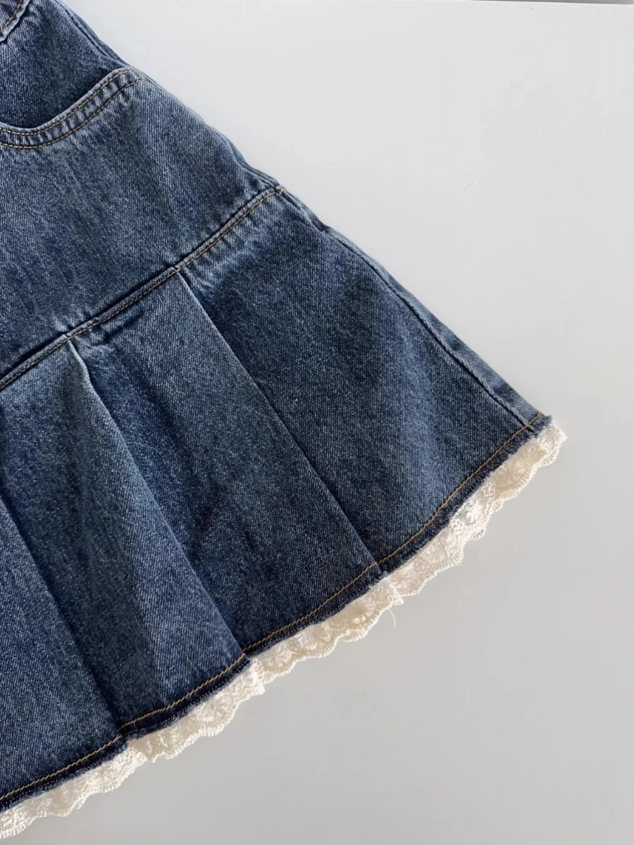 Women Blue A-line Denim Skirt Vintage Aesthetic Y2k Patchwork Lace Jean Skirt Harajuku Korean Cowboy Skirts 2000s Clothes Summer 250619