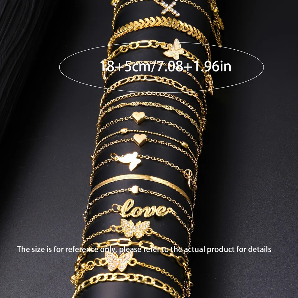 18Pcs Bohemian Summer Beach Anklet Set For Women Vintage Butterfly Heart Crystal Pendant Foot Bracelets Fashion Jewelry Gift 250606