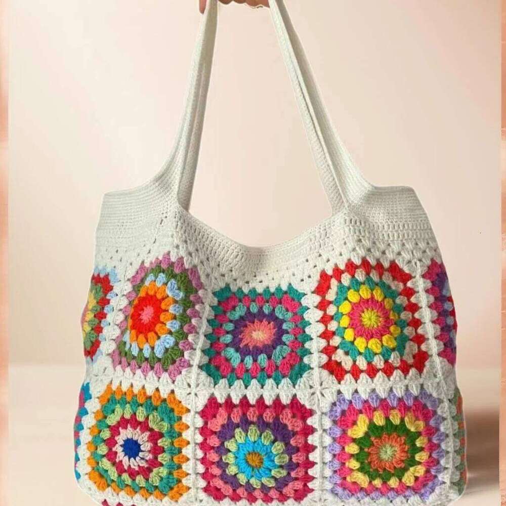 Handwoven Grandmother Grid Patterned Handbag Women's Shoulder With Lining Leisure Shopping Beach Bag Storage Bags