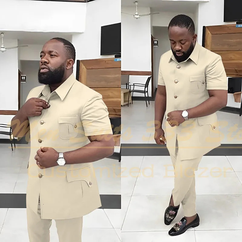 Summer Mens Suits Solid Color Short Sleeve Single Breasted Stand Lapel Casual Outfits 2 Piece Jacket Pants Set Slim Fit Terno 250619