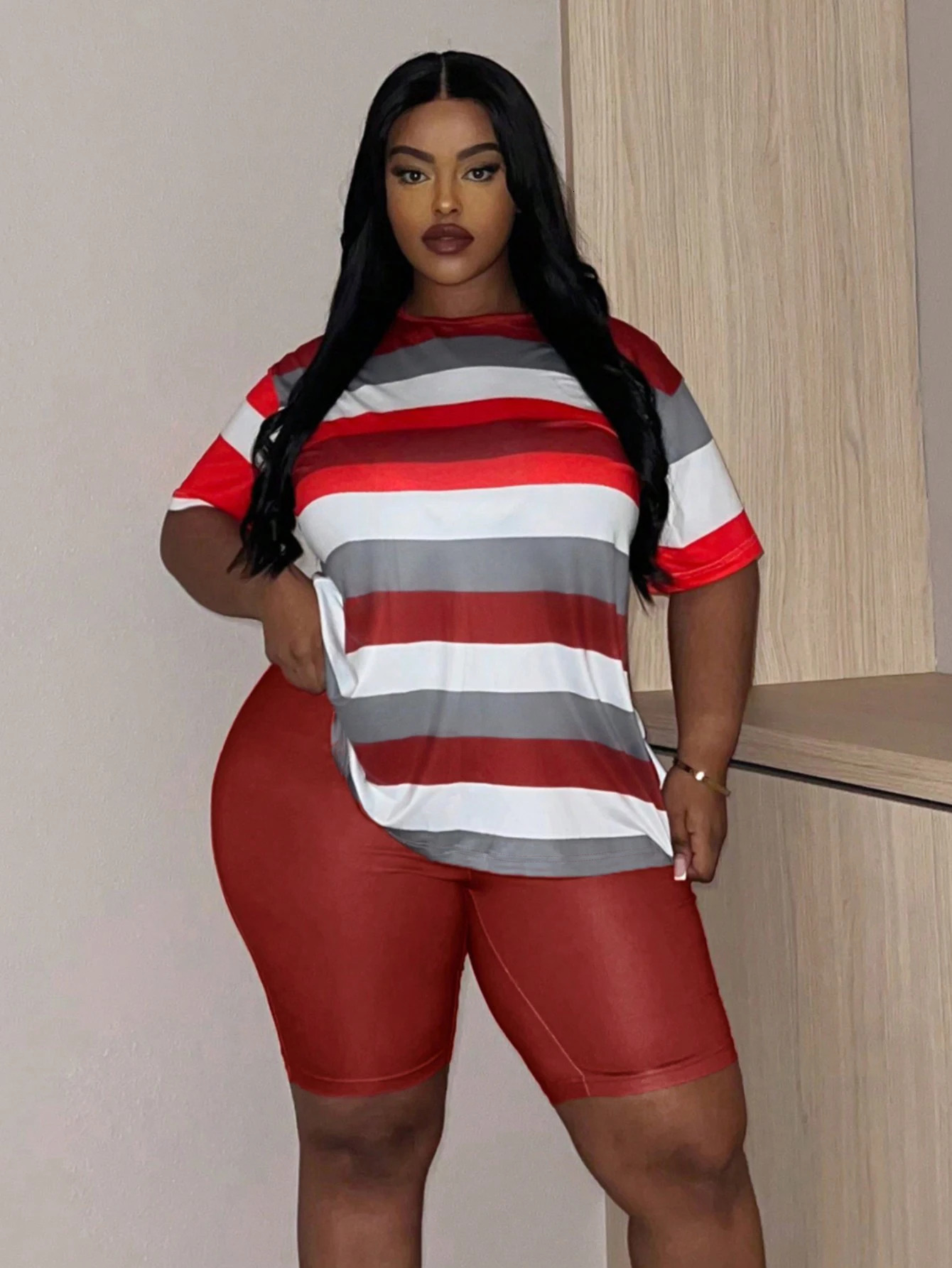 LW Plus Size shorts sets summer Striped short sleeve Tshirt skinny Shorts Set casual womens Two pieces sport suit 250609