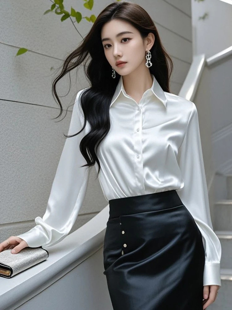 Elegant Silk Office Shirts Women Korean Fashion Y2k Clothes Slim Long Sleeve White Black Blusas Mujer Workwear Tops and Blouses 250619
