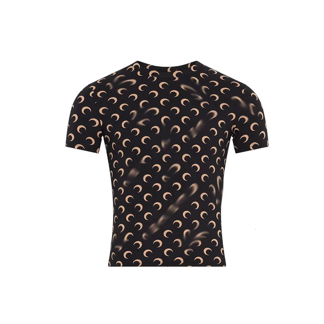Women Fashion T-Shirt Short Sleeve Slim Fit Tee Moon Print Elastic UV Protection Top Casual Streetwear Breathable Summer Blouse