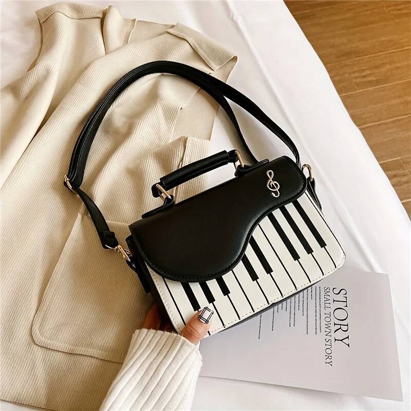 DHGM Piano Shape Flap Shoulder Creative PU Leather Portable Handbag Detachable Strap Crossbody Novelty Bag