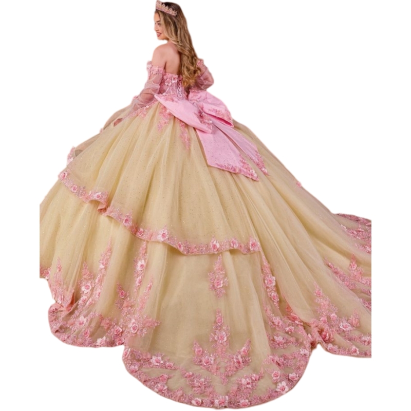 Champagne Princess Quinceanera Dresses With Pink Floral Lace Applique Off Shoulder Removable Long Sleeves Bow Back Prom Ball Gown Sweet 16 Dress Vesti