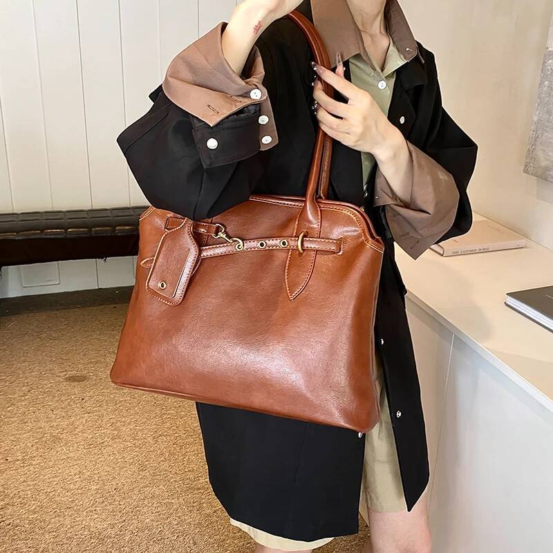 DHSM MOODS Retro Underarm Shoulder Bags For Women 2024 Winter New Designer Handbags Soft PU Leather Big Capacity Shopper Totes