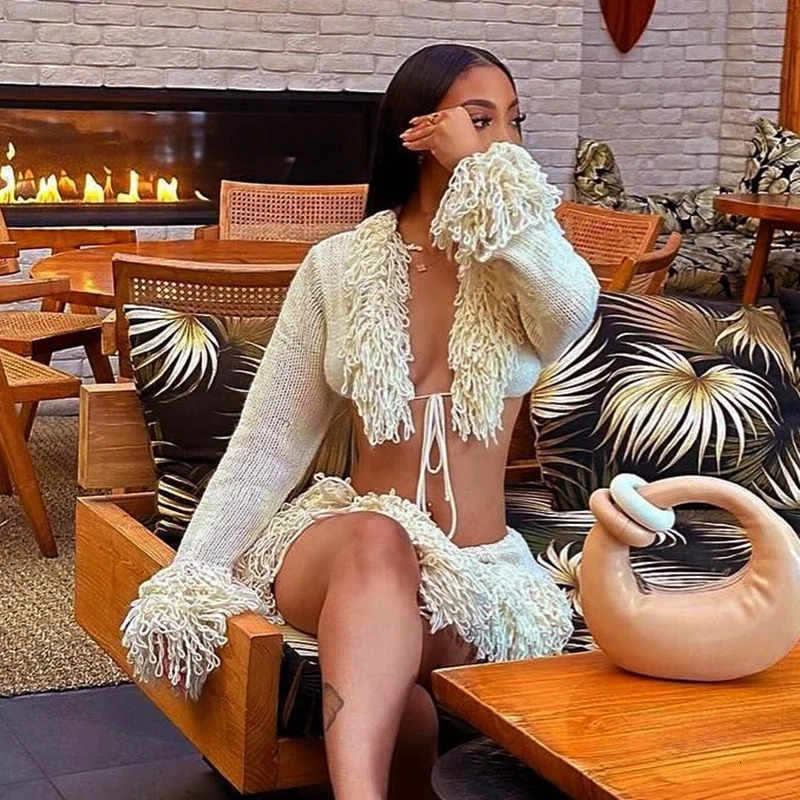 CUTENOVA French Knit Sexy Set Tie Cardigan Long Sleeve Navel Top Fashion Sexy Mini Skirt Set For Y2K tie Girl Wear 250619