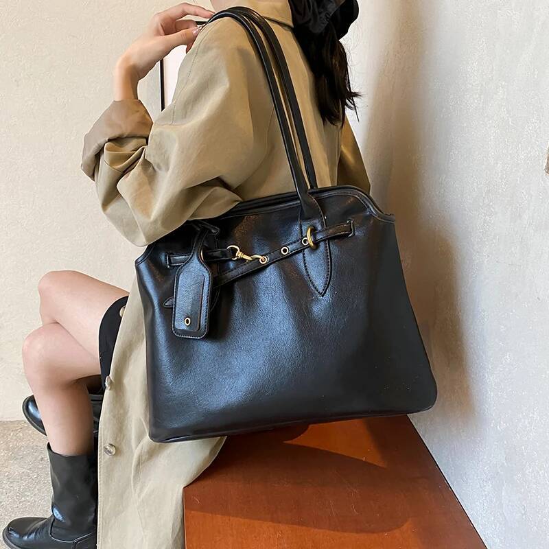DHSM MOODS Retro Underarm Shoulder Bags For Women 2024 Winter New Designer Handbags Soft PU Leather Big Capacity Shopper Totes
