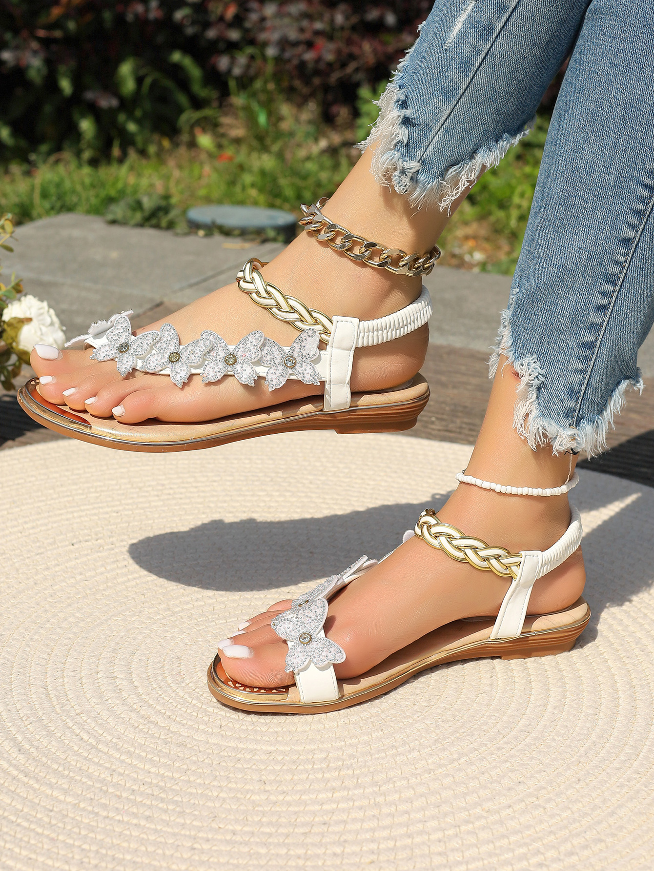 D02-Women's sandals comfortable walking casual summer beach shoes dress ankle elastic flower gemstone flat shoes
