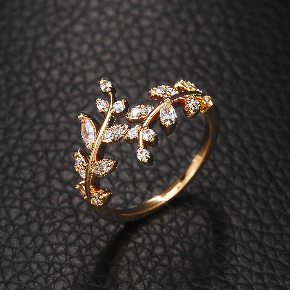 Huitan Fancy Leaf Design Adjustable Opening Rings for Women Sparkling Cubic Zirconia Olive Ring Party Daily Wear Fashion Jewelry M250620