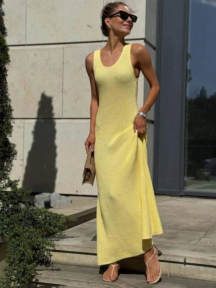 Talenza Summer Knit Long Dress Solid Sleeveless Casual High Waist Halter Long Dress Knit Backless Office Lady Womens Dress 2025 250619