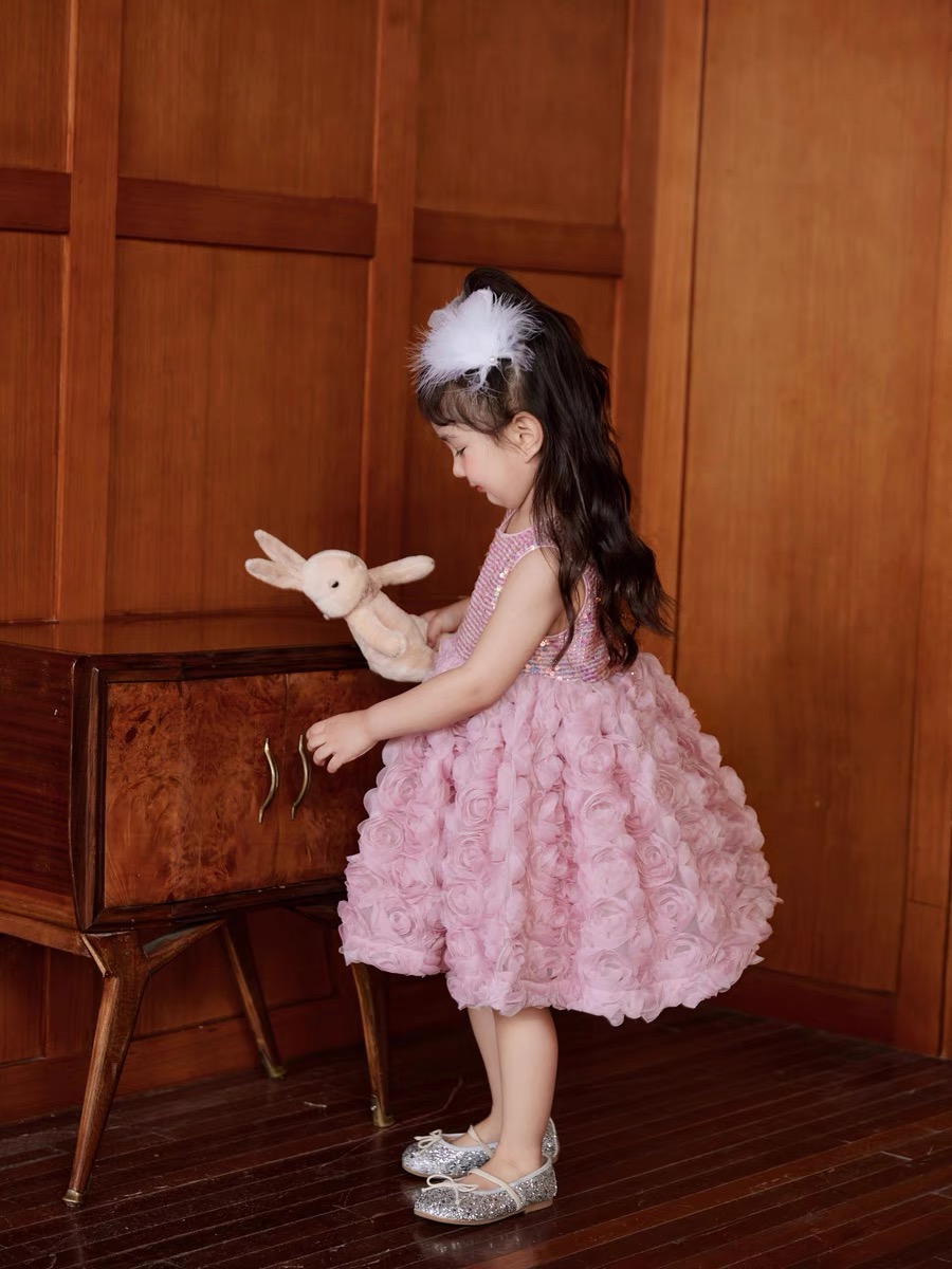 Girl's sequined rose dress formal dress birthday party dress casual fashion Summer casual dress