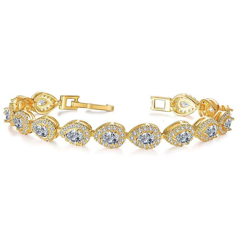 Vintage Womens Tennis Bracelet Geometric Blue Iced Crystal Gold Plated Brass CZ Diamond Waterdrop Shape Sparkly Zircon Main