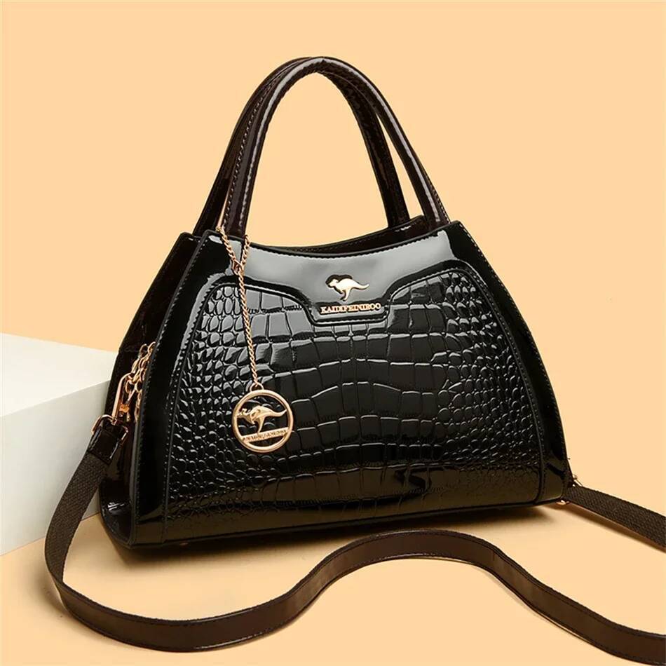 DHSM Patent Leather Handbags for Women Designer Crocodile Pattern Women's Shoulder Crossbody Bag Hobos Ladies Messenger Stone