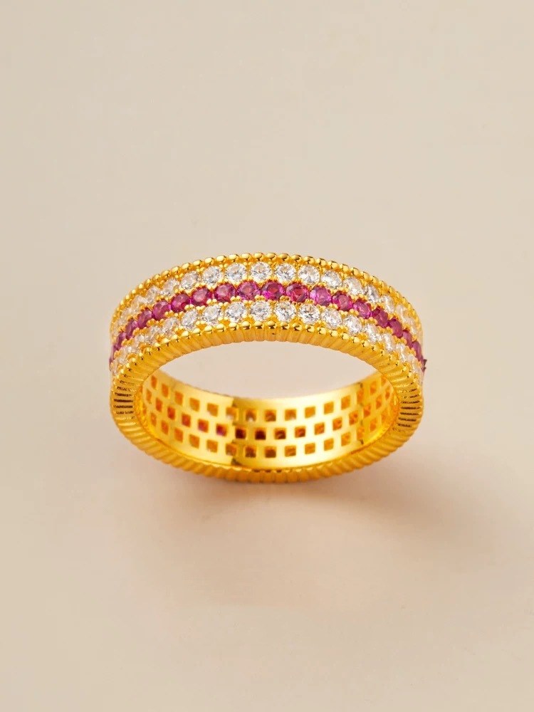 Ruby Ring, Women's Fashion, 925 Silver Inlaid Ruby, Starry Sky, Three Rows Full Moissanite Diamond Ring