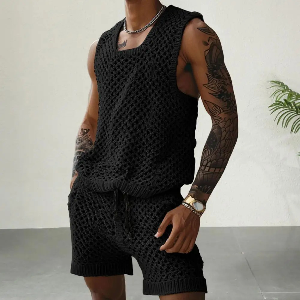 Vest Shorts Set Mens Casual Sleeveless Knit Top Drawstring Shorts Set for Daily Wear Elastic Waist Wide Leg Shorts for Mens 250619
