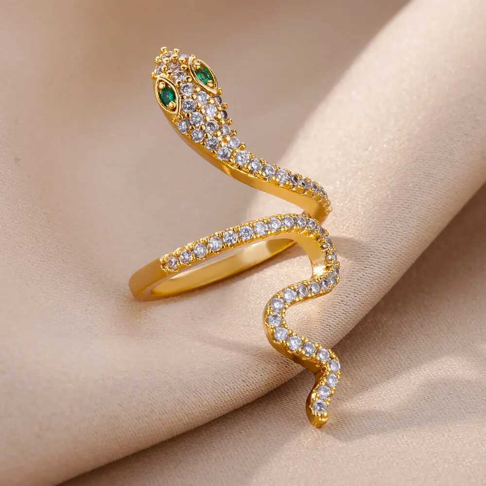 Stainless Steel Snake Rings For Women Men Gold Color Open Adjustable Zircon Ring Vintage Gothic Aesthetic Jewelry anillos mujer M250620