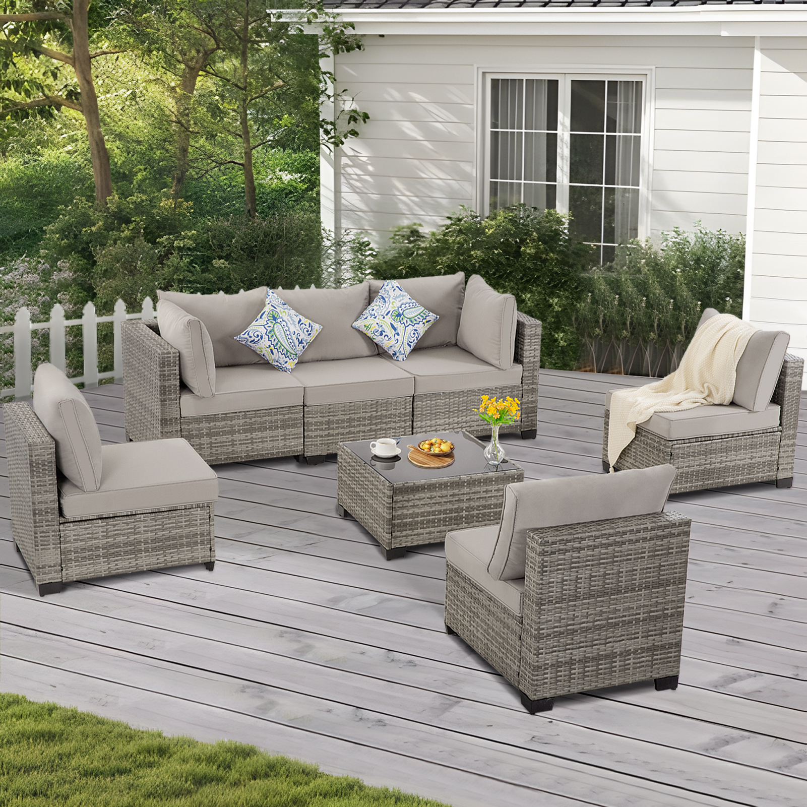 7 Pieces Patio Furniture Set, Patio Modular Patio Set Wicker Outdoor Sectional Sofa Set PE Rattan Wicker Patio Conversation Set, Gray Wicker/Gray Cush