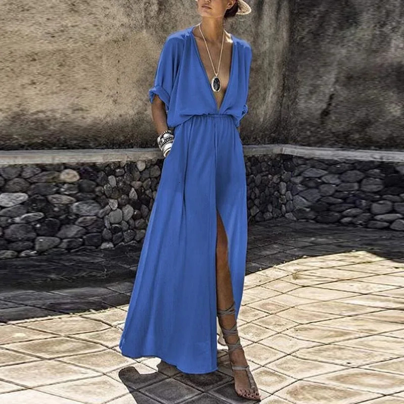 Fashion Short Sleeve Loose Casual Long Dress Sexy Deep V Neck High Slit Party Dress Lady Elegant Solid Boho Beach Women Sundress 250619