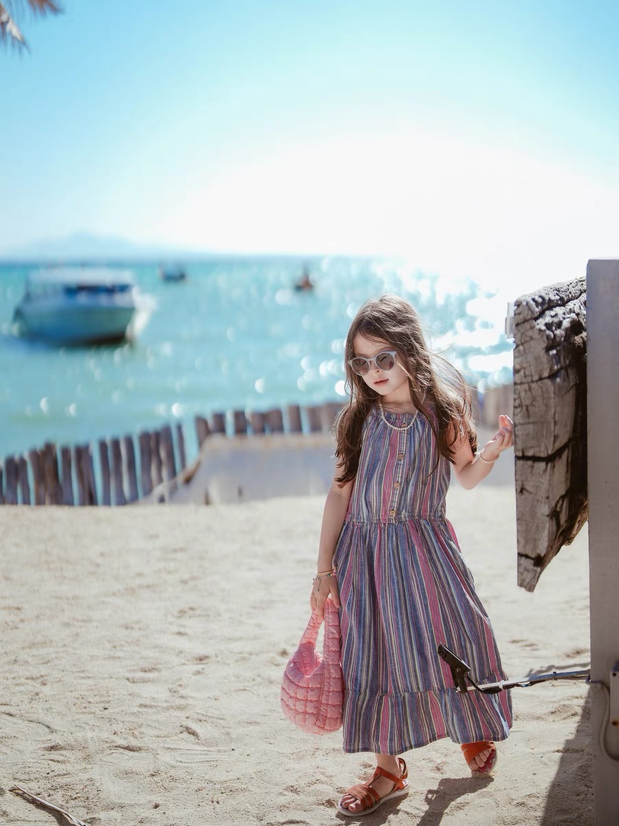 Girls' yarn dyed striped camisole dress Sweat absorbing and breathable daily dress