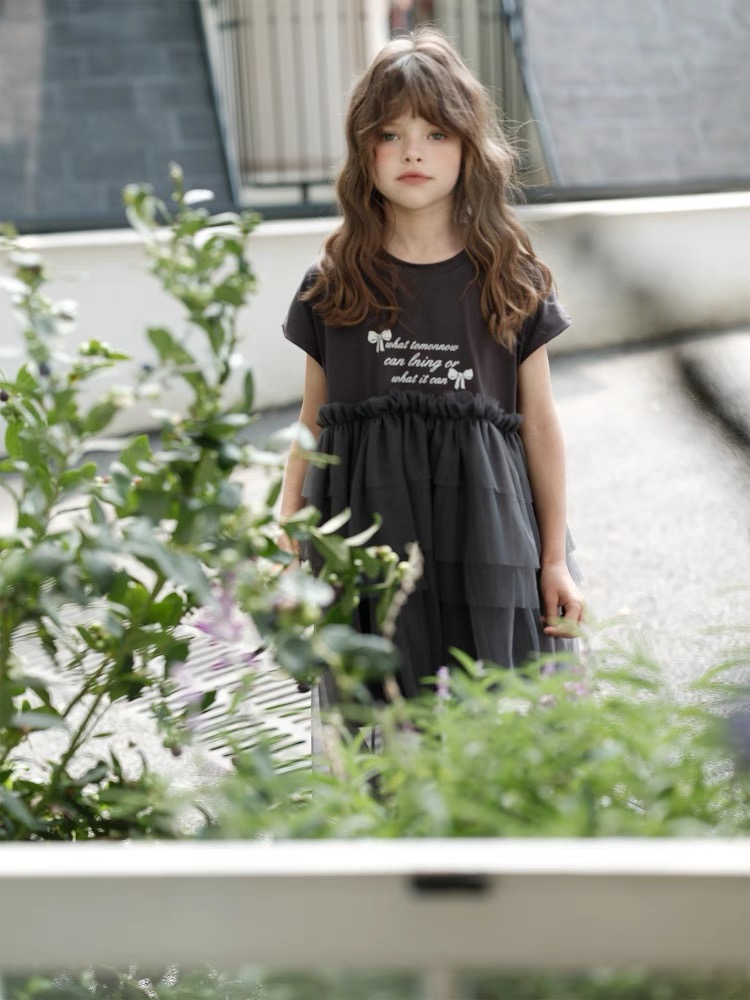 Girls' Knitted Splicing Mesh Dress Printed Dress Daily casual dress