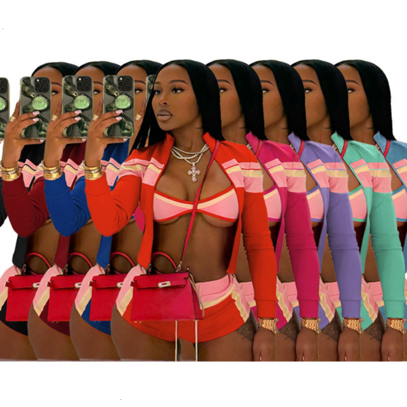 Women Tracksuits 2025 New Fashion Printed Patchwork Long Sleeve Off-shoulder Tie Hot Pants Three-piece Set 8 Colors