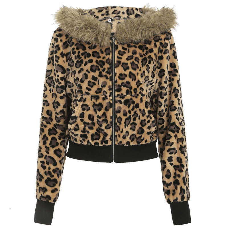 Autumn Winter New Leopard Print Patchwork Hooded Zipper Jacket Women's Fashion Street Style Warm Plush Coat B5
