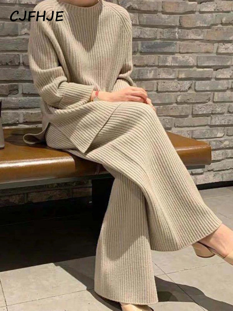 CJFHJE Knitted Sweater Suit Women Elegant Solid O-Neck Pullovers Wide Leg Pants Suit Lady Winter Soft 2 Piece Set Homewear 250619