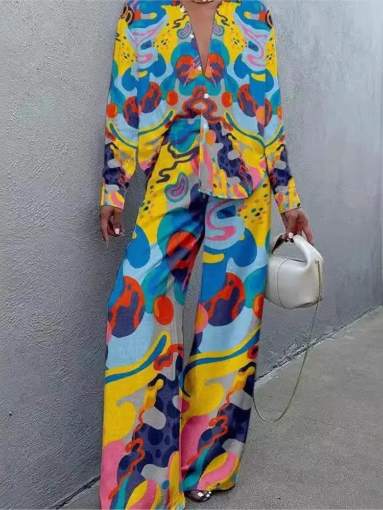 Summer Beach Vacation Style Cruise Print 2-Piece Set Lapel ShirtLace-up Wide-Leg Pants For Women Cruise Outfit Holiday Suit 250619